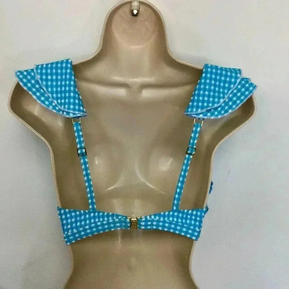 Lilly Pulitzer Womens 14 Aelin Bikini Top Turquoise Blue Gingham Print Ruffles - Picture 3 of 12